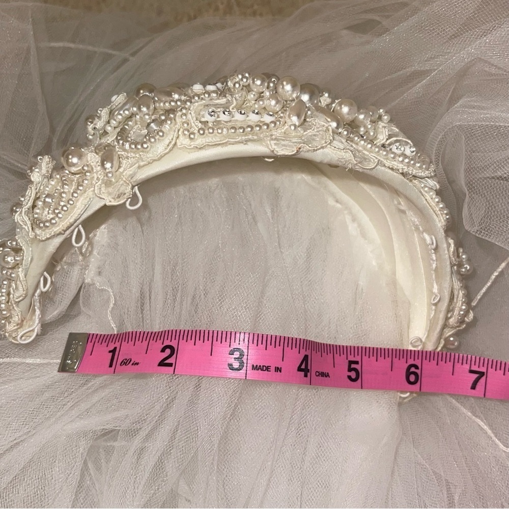 Wedding Pearl Crown with 3 tier lined Veil: Cathedral, Chapel and Blusher - Picture 8 of 15